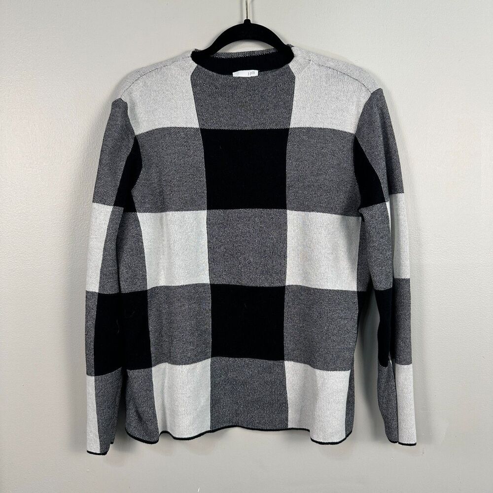 J. Jill Womens Black White Buffalo Check Mock Neck Sweater Medium Pullover